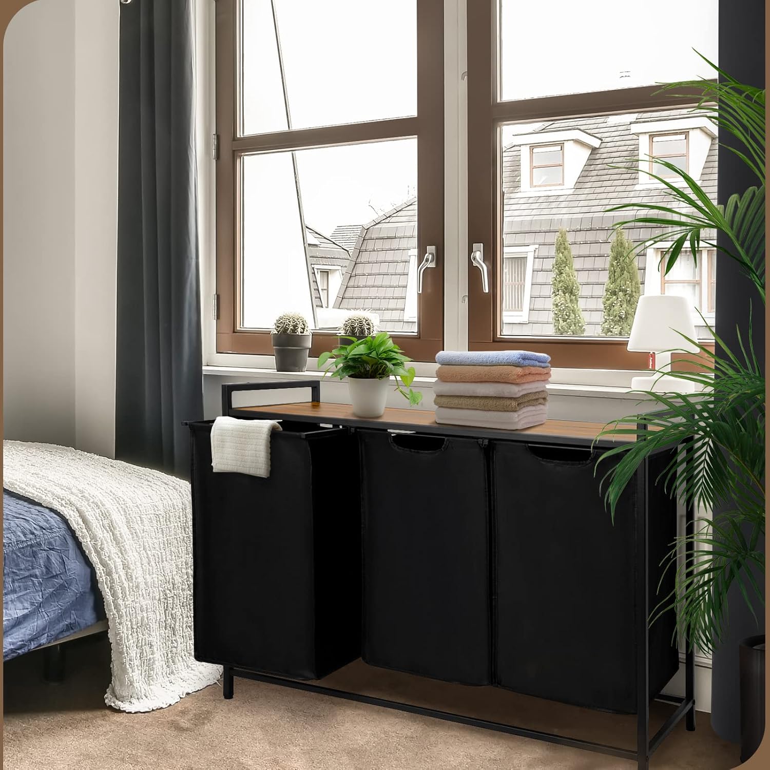 Pull Out Laundry Hamper 3 Compartment Laundry Sorter with Shelf 3 Section Laundry Basket with 3 x 16 Gallons Removable Bags for Laundry Room Bathroom and Dorm, Black